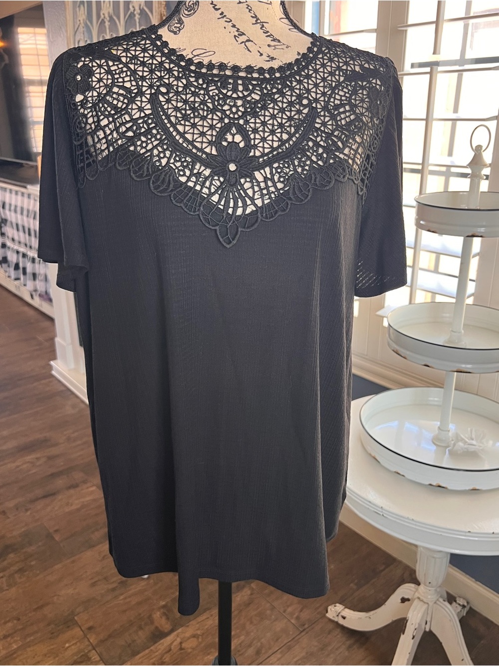 torrid Black Short Sleeve Top with Lace Yoke